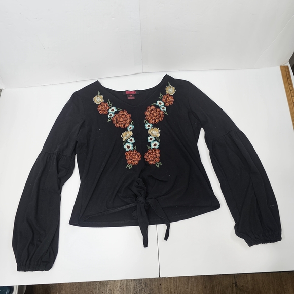 Rock & Roll Denim Chic Black Blouse with Bohemian Embroidered Floral Size M - Picture 13 of 15